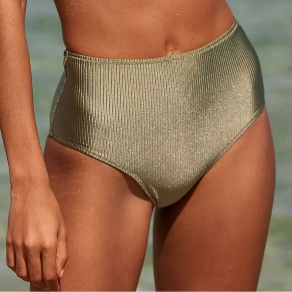 NWT Aerie Shine Rib High Waisted Cheeky Bikini Bottom size small green - Picture 1 of 8